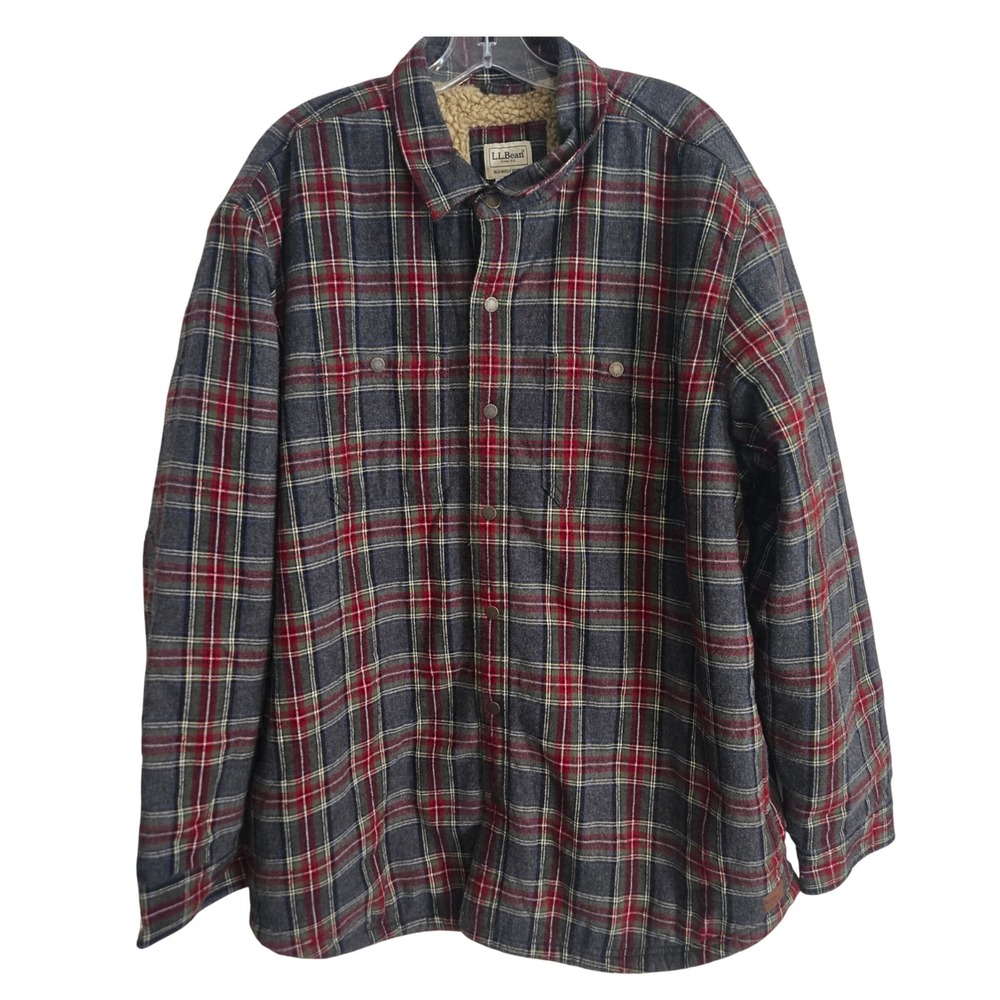 L.L.Bean Sherpa Lined Scotch Plaid‎ Shirt Jacket Grey Stewart XL Regular